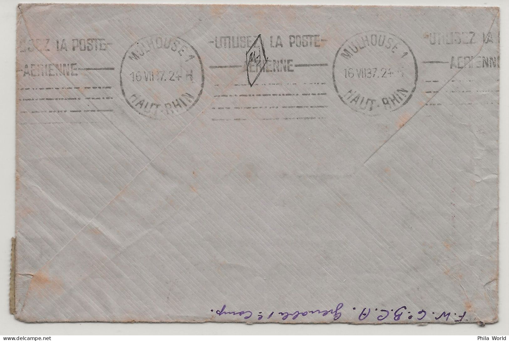 FRANCE Courbevoie Seine 1937 SEMEUSE > Brunstatt Mulhouse Haut Rhin Machine KRAG MUL106 Utilisez Poste Aérienne - Storia Postale