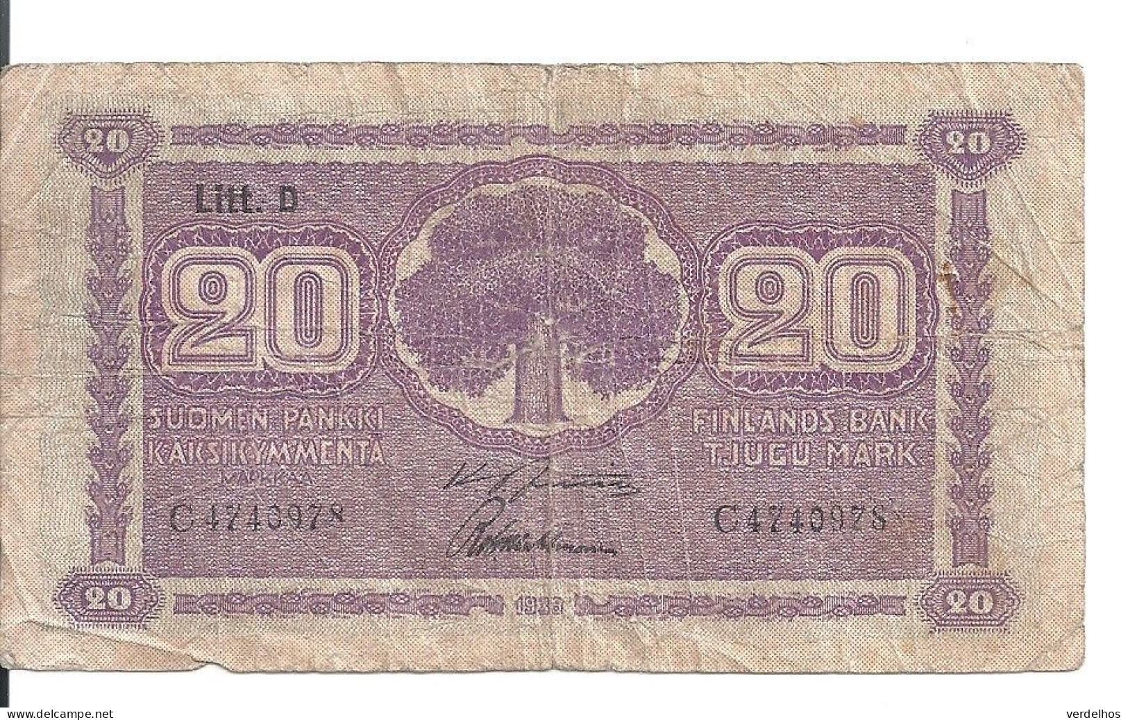 FINLANDE 20 MARKKAA 1939-45 VG+ P 71 - Finnland