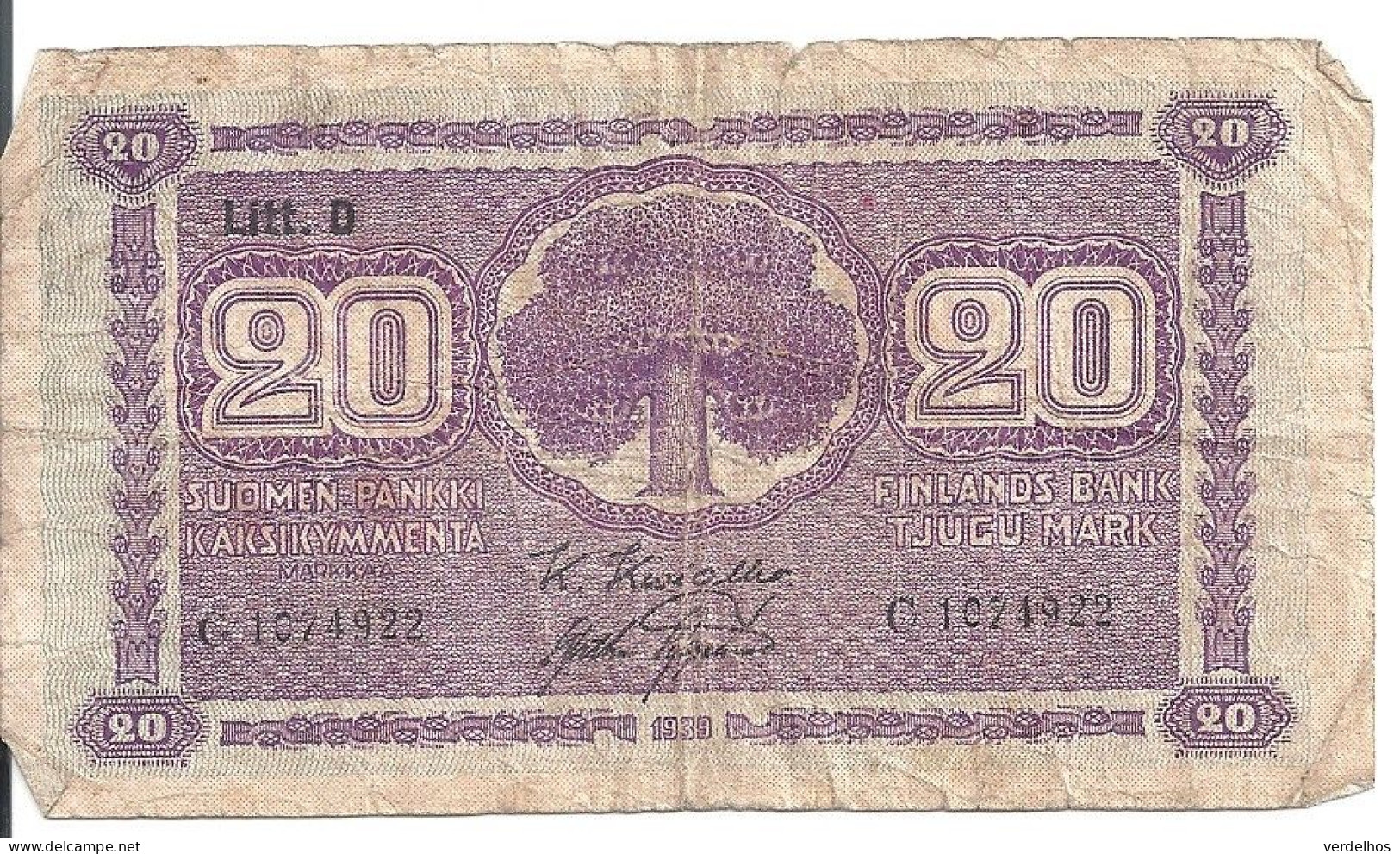 FINLANDE 20 MARKKAA 1939-45 VG+ P 71 - Finnland