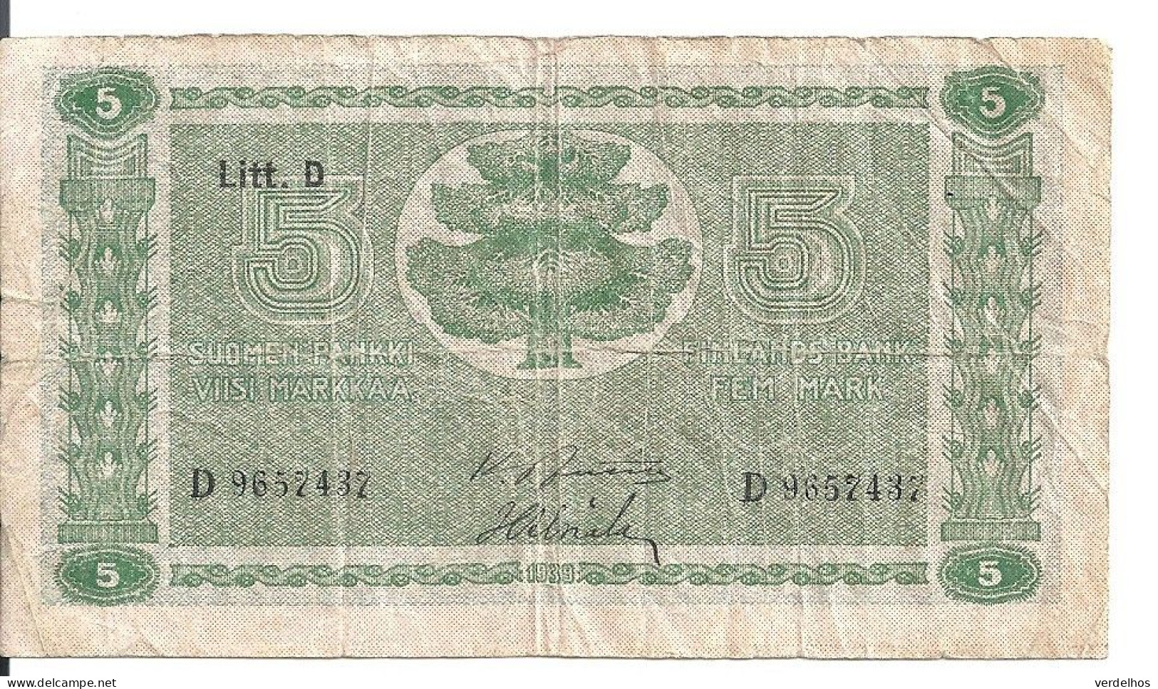 FINLANDE 5 MARKKAA 1939-45 VG+ P 69 - Finlandia