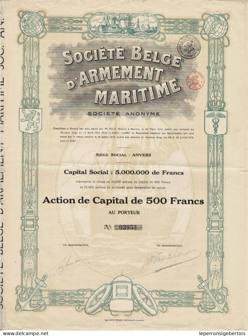 - Titre De 1919 - Sté Belge D' Armement Maritime - - Navigazione