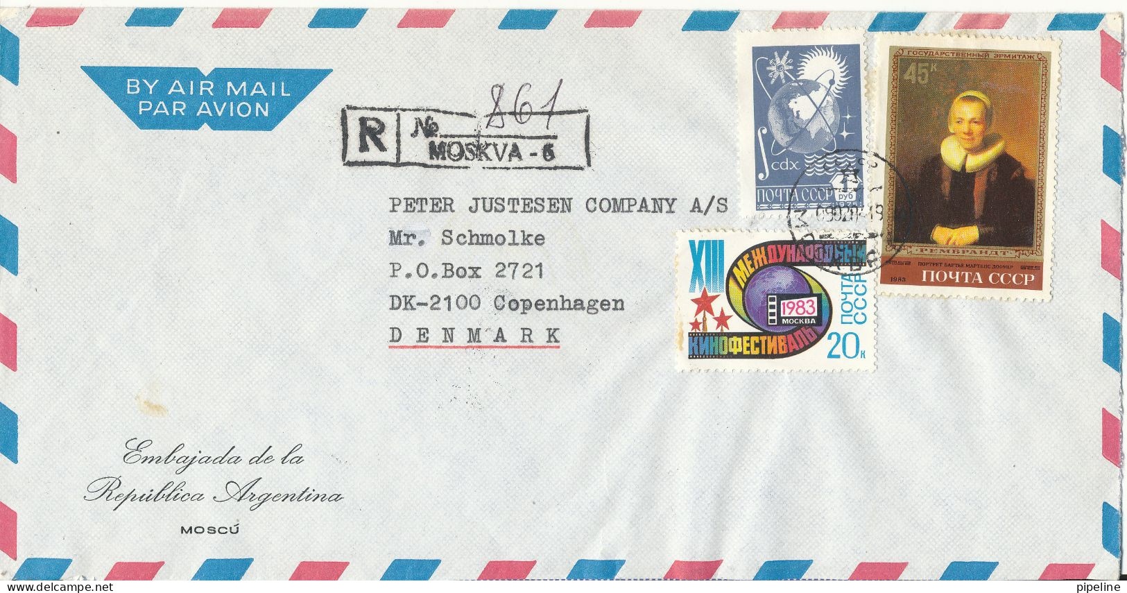 USSR Registered Air Mail Cover Sent To Denmark 9-2-1984 (from The Embassy Of Argentina Moscow) - Lettres & Documents