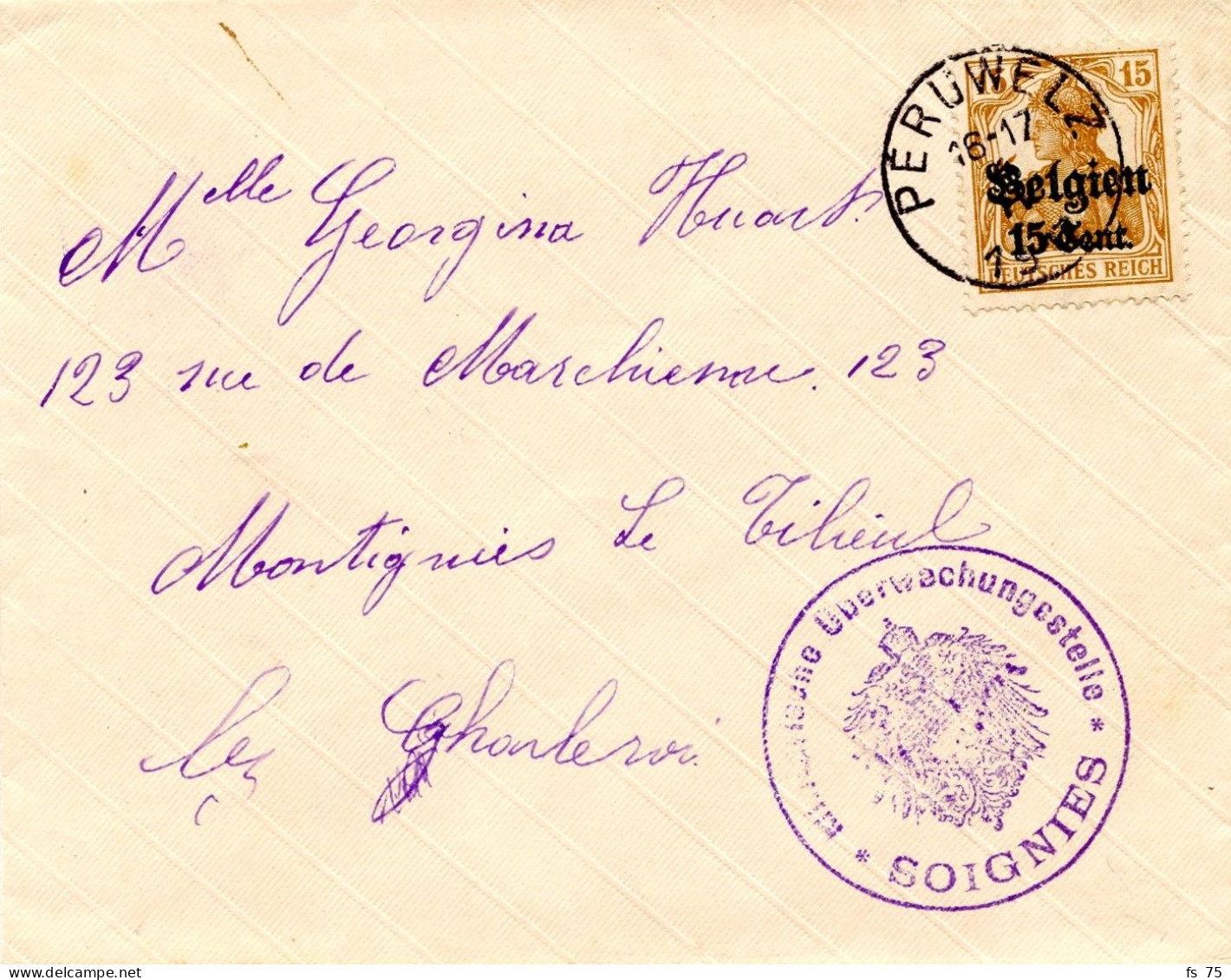 BELGIQUE - COB OC 15 PERUWELZ + CENSURE SOIGNIES SUR LETTRE - Army: German