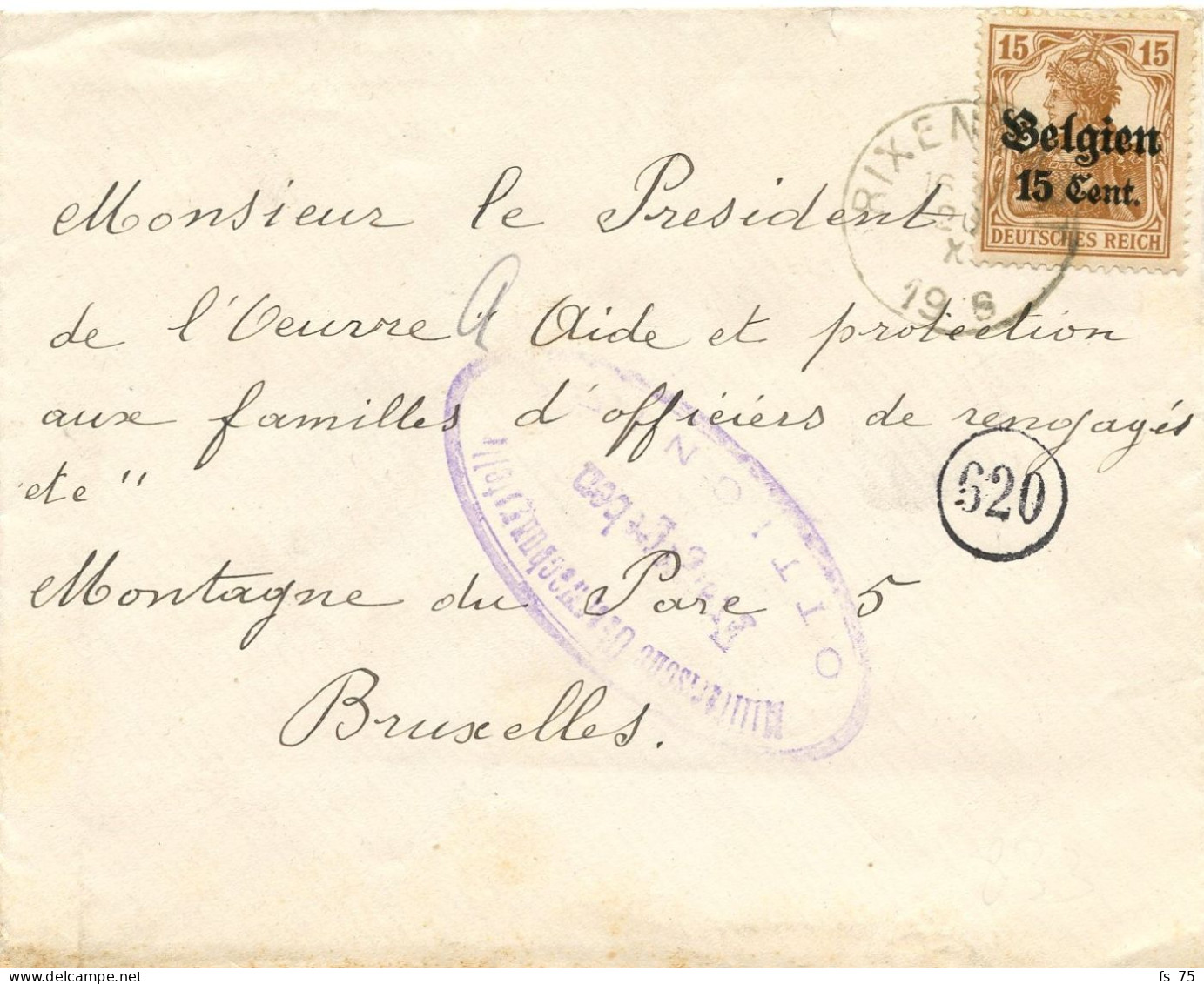 BELGIQUE - COB OC 15 RIXENSAMT + CENSURE OTTIGNIES SUR LETTRE, 1918 - Duits Leger