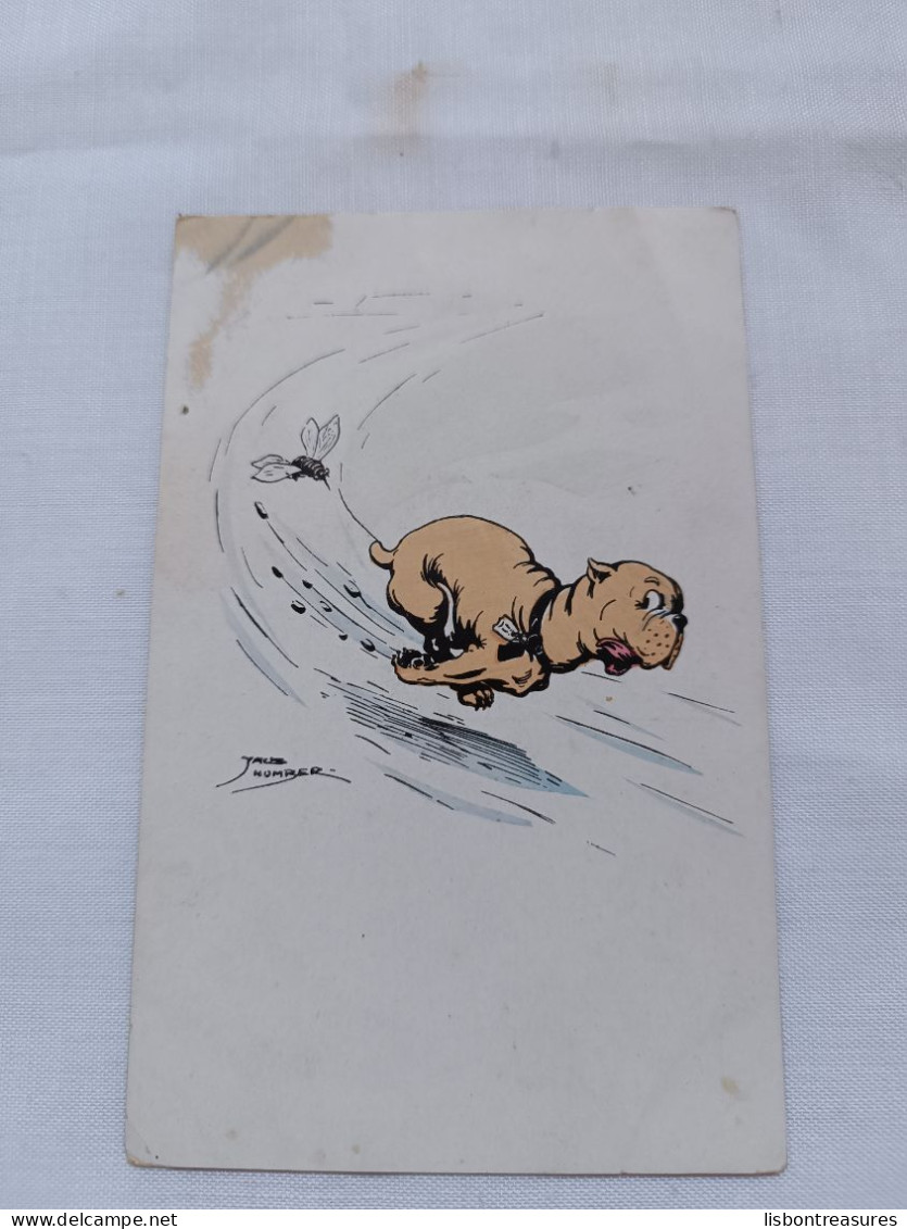 ANTIQUE POSTCARD ILLUSTRATION HUMOR DOG RUNNING FROM A BEE SIGNED BY JACK NUMBER UNUSED - Number, Jack