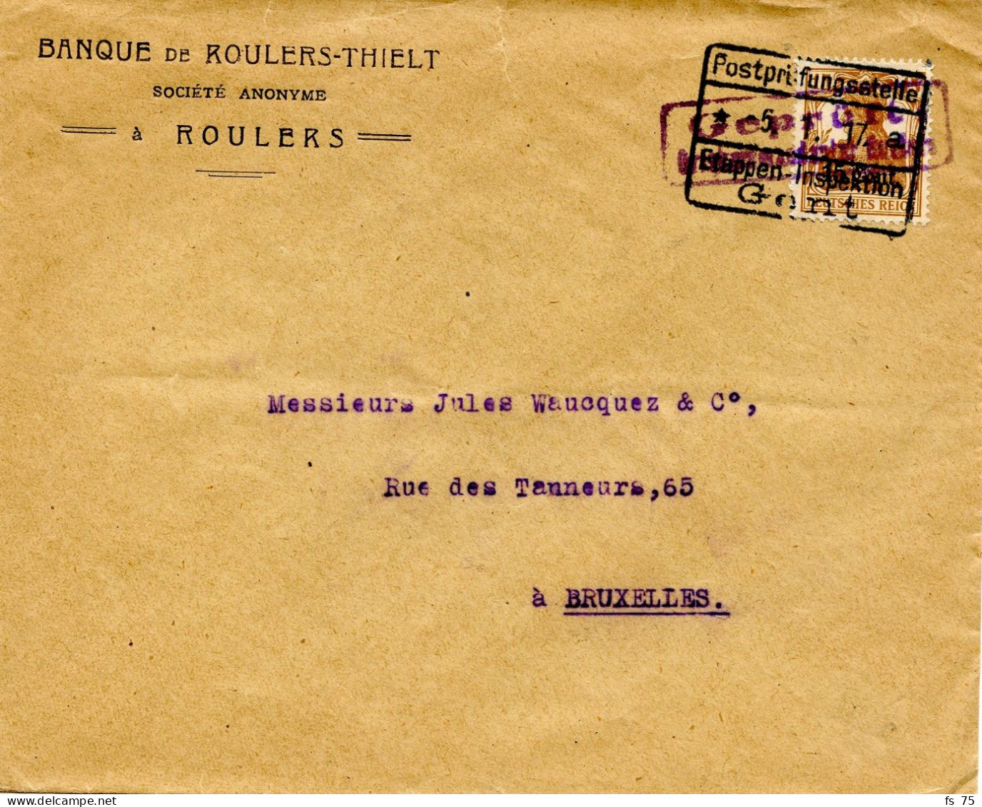 BELGIQUE - COB OC 15 ETAPPEN-INSPECTION GENT + CENSURE SUR LETTRE DE ROULERS, 1918 - Army: German