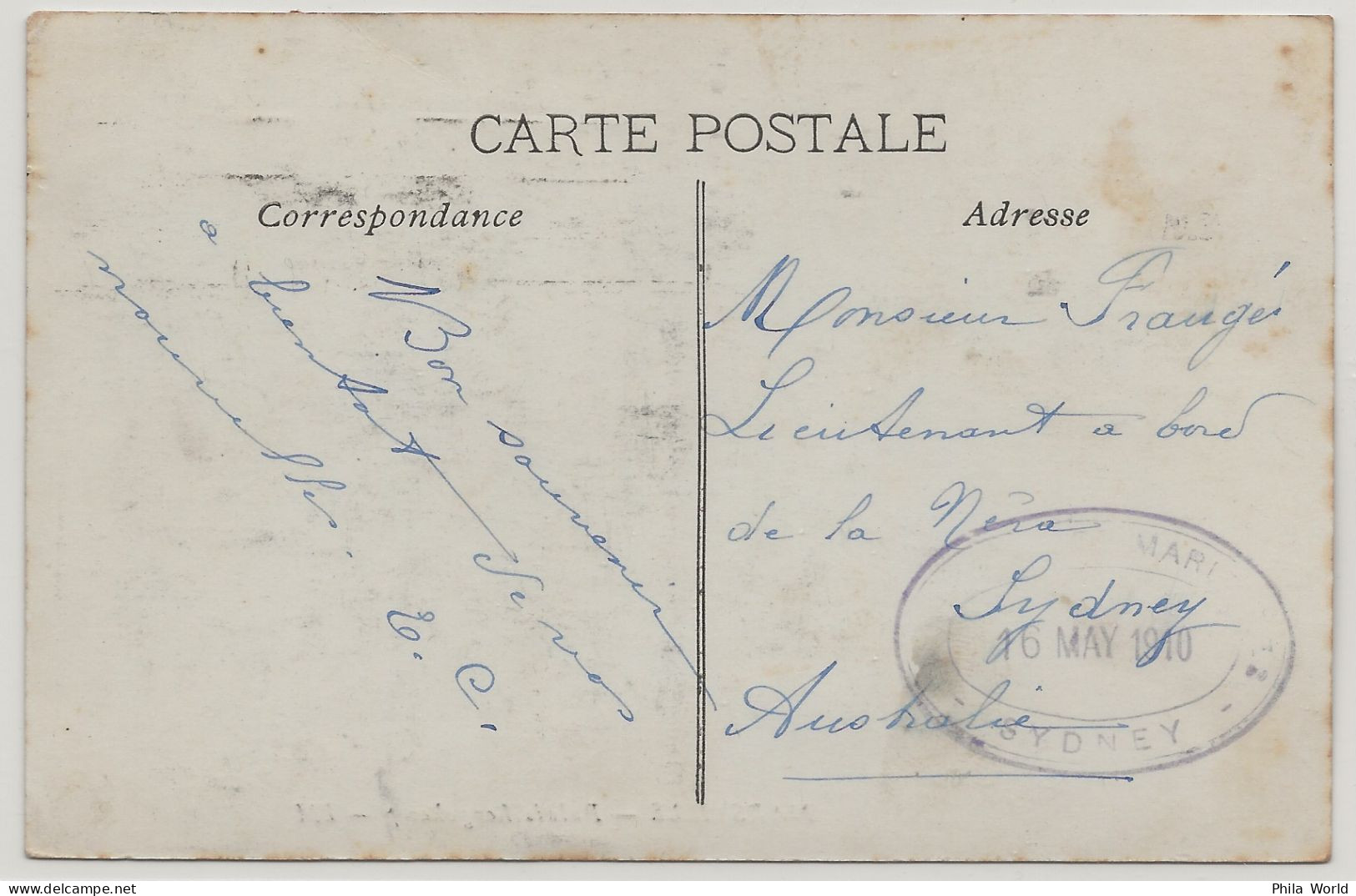 NOUVELLE CALEDONIE Noumea CPA 1910 > AUSTRALIE Cachet Marine Sydney Lieutenant Paquebot Poste NERA - Cartas & Documentos