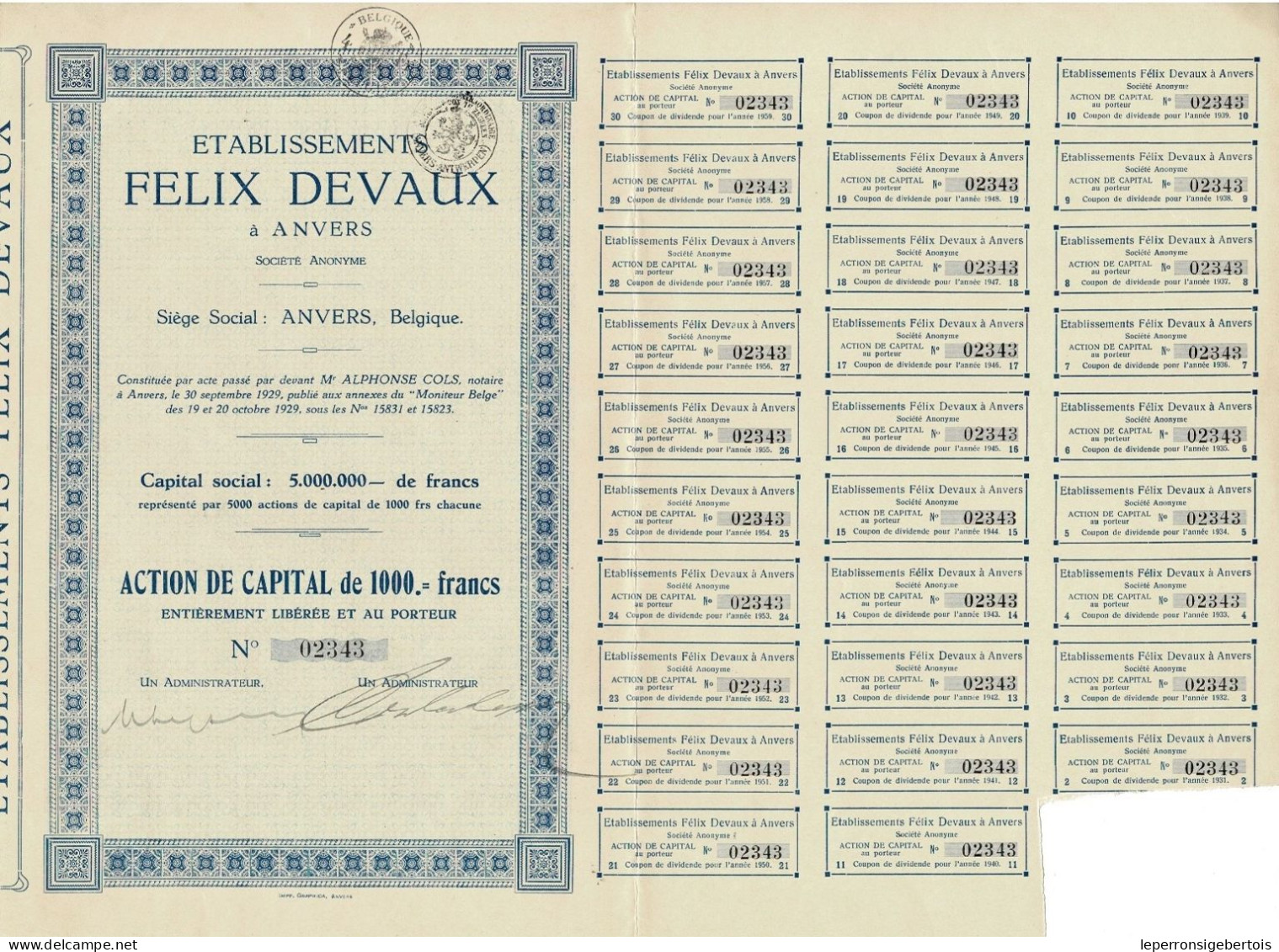 - Titre De 1929 -  Etablissements Felix Devaux - - Automobilismo