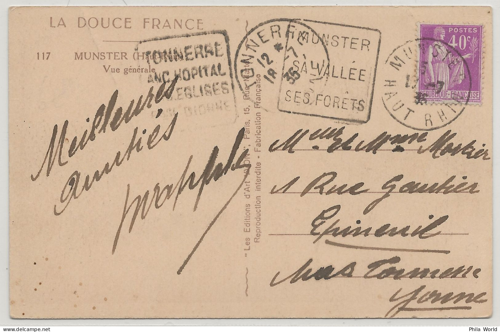 FRANCE CP 1935 Présence De 2 DAGUIN Départ Et Arrivée MUNSTER Haut Rhin MUN101 Et TONNERRE Yonne TON201 - Cartas & Documentos