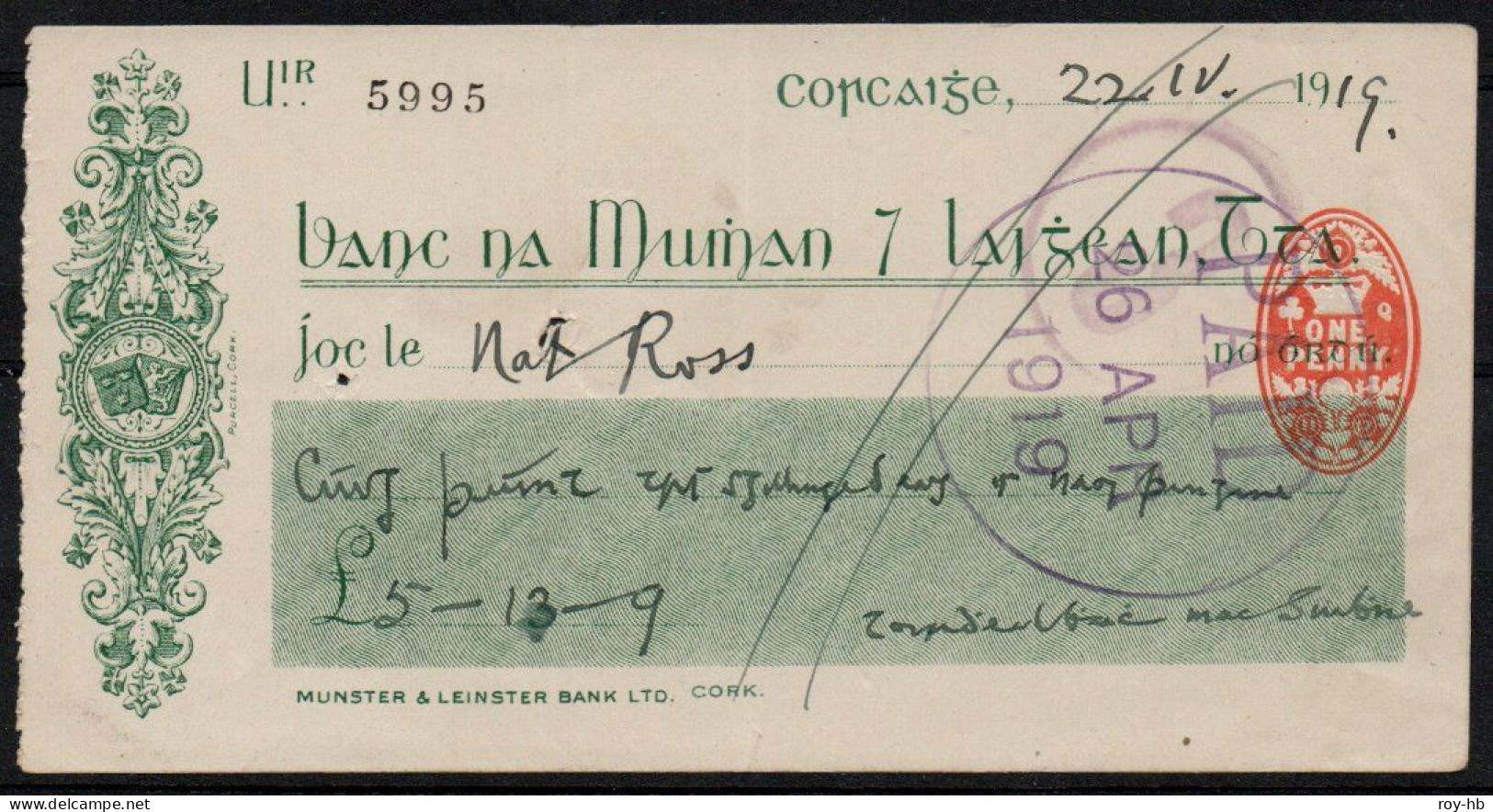 Political, 1919 Cheque In Irish Signed By Terence MacSwiney With 1d Red Stamp-duty - Prefilatelia