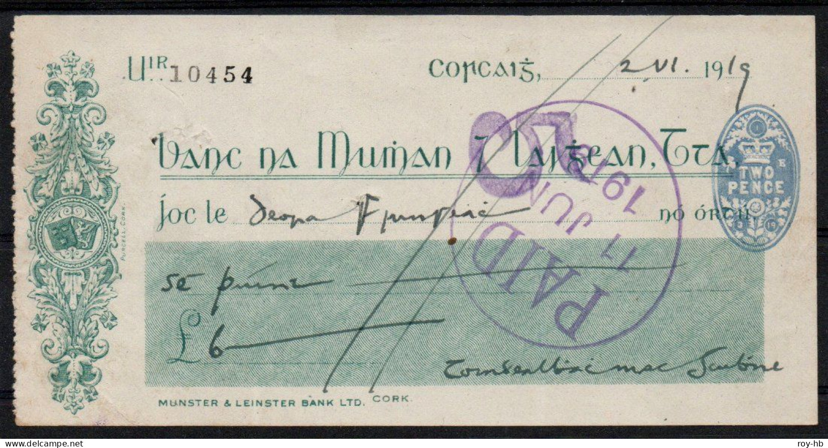 Political, 1919 Cheque In Irish Signed By Terence MacSwiney With 2d Blue Stamp-duty - Préphilatélie