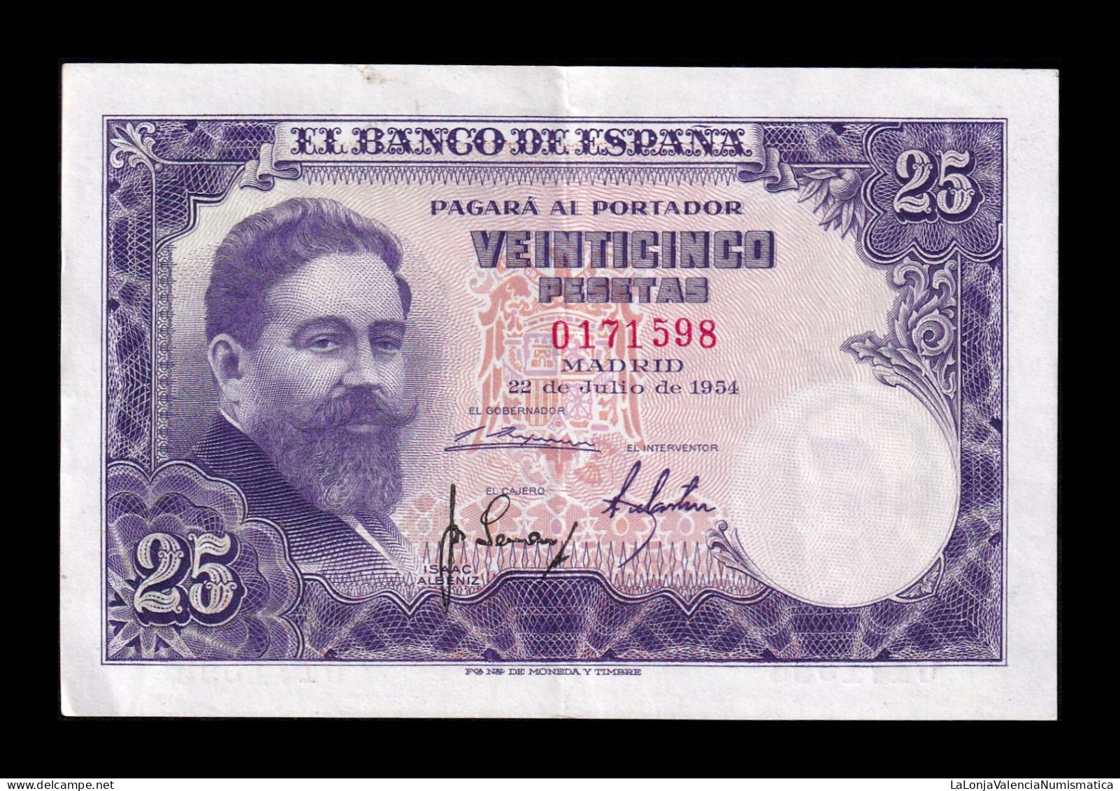 España Spain 25 Pesetas Isaac Albeniz 1954 Pick 147 Sin Serie Ebc Xf - 25 Pesetas