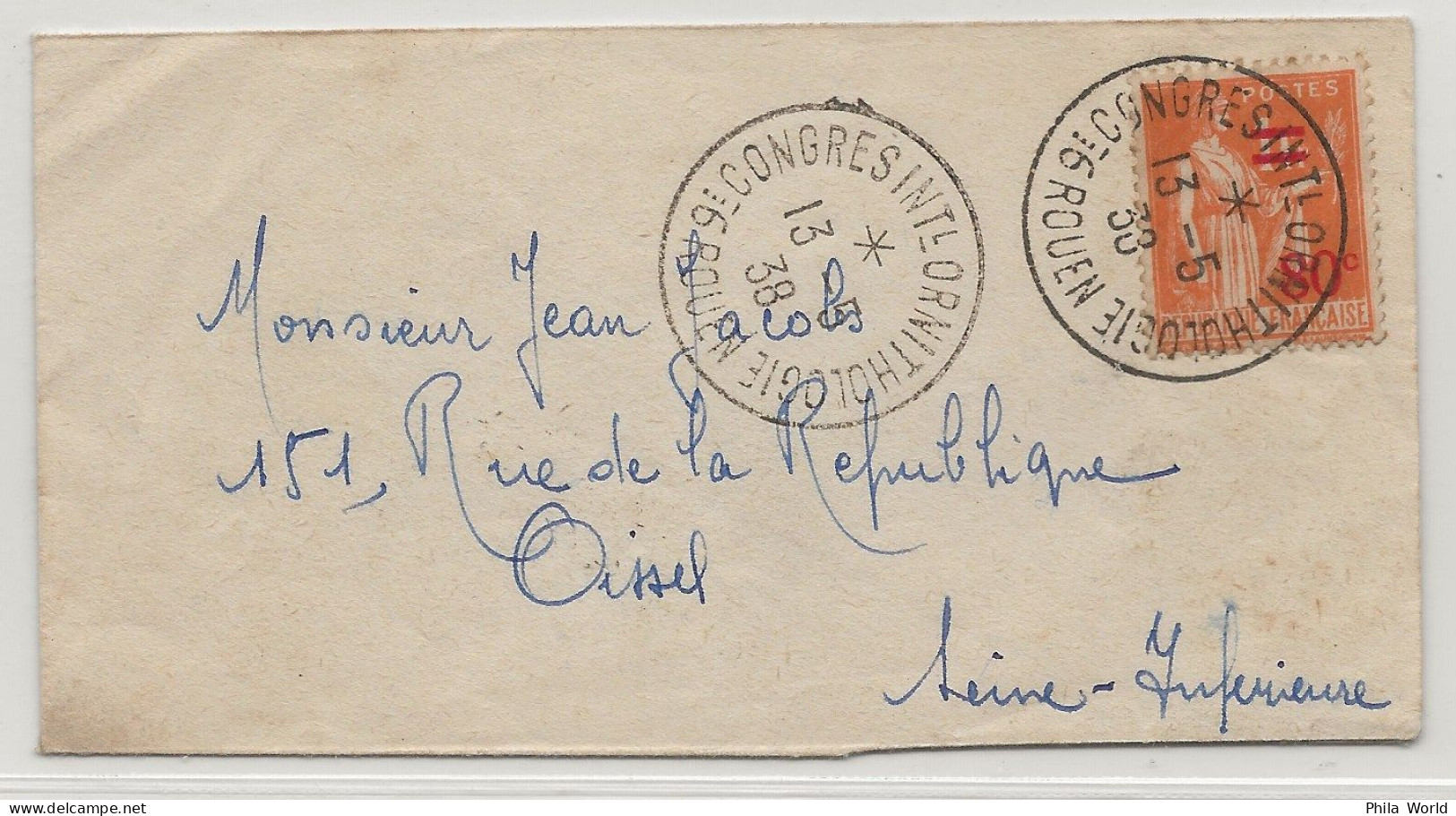 FRANCE 1938 Lettre MIGNONETTE YT 359 80 C Surcharge Sur 1 F Cachet à Date 9ème CONGRES ORNITHOLOGIE Rouen 13 Mai - 1932-39 Peace