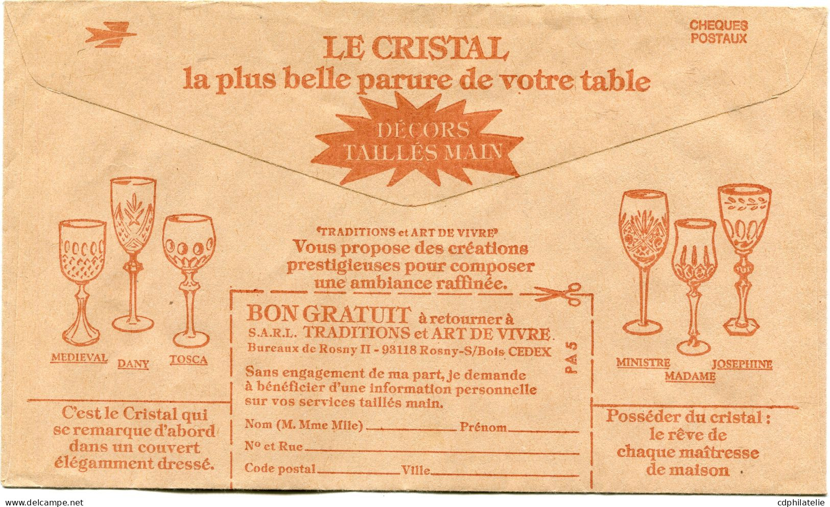 FRANCE ENVELOPPE CCP PUBLICITAIRE " LE CRISTAL LA PLUS BELLE PARURE DE VOTRE TABLE " - Verres & Vitraux