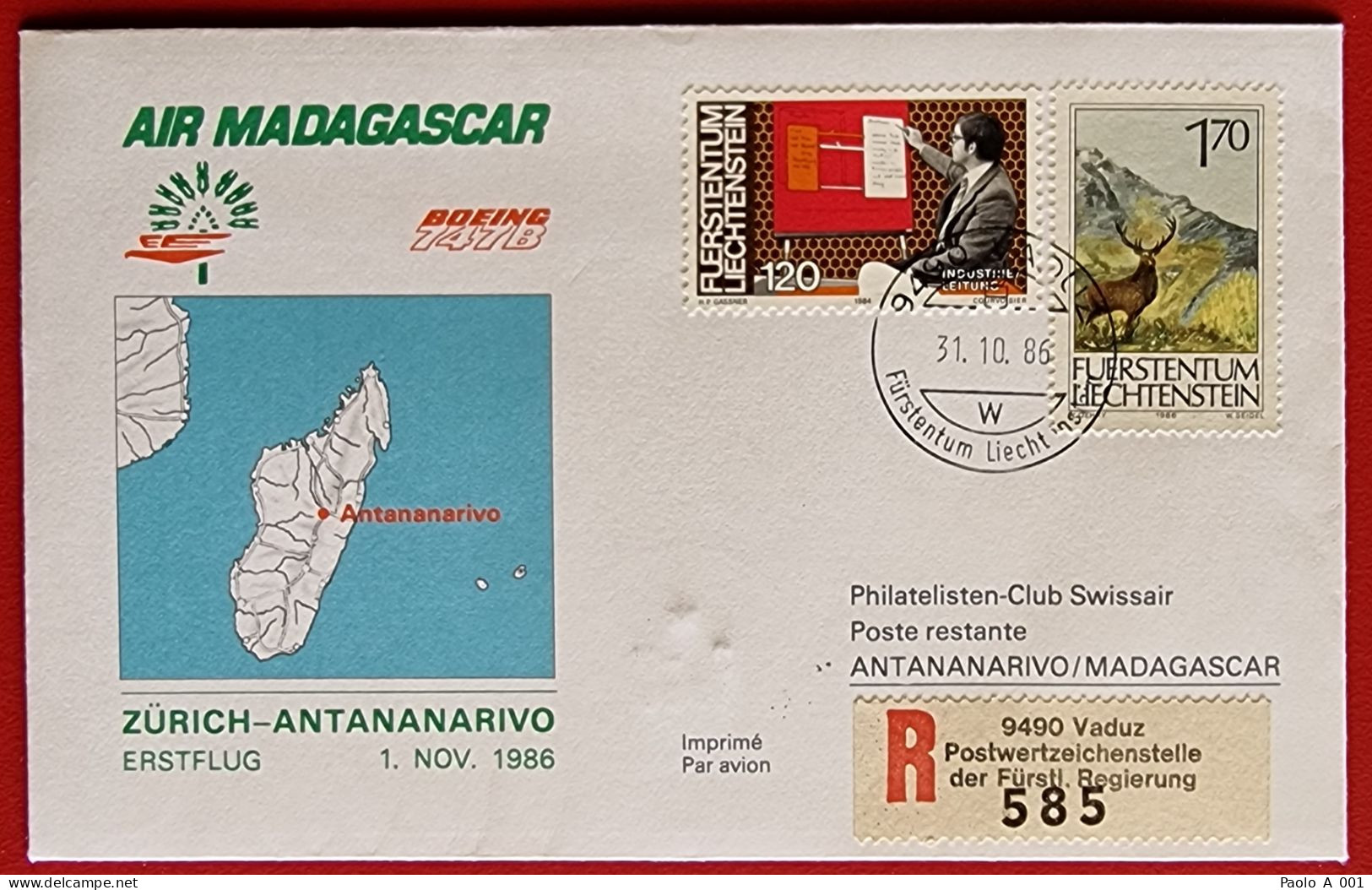 LIECHTENSTEIN 1986 AIR MADAGASCAR FIRST FLIGHT BOING 747 ZURICH SWITZERLAND TO ANTANANARIVO - Lettres & Documents