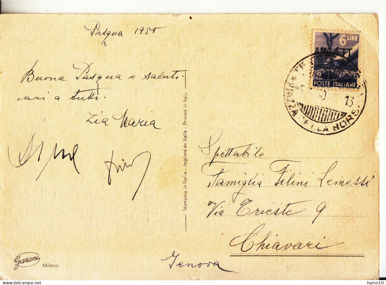 1945 CARTOLINA DA Trieste A Chiavari Auguri Pasqua+l.6 Democratica AMG-FTT-c877 - Marcofilie