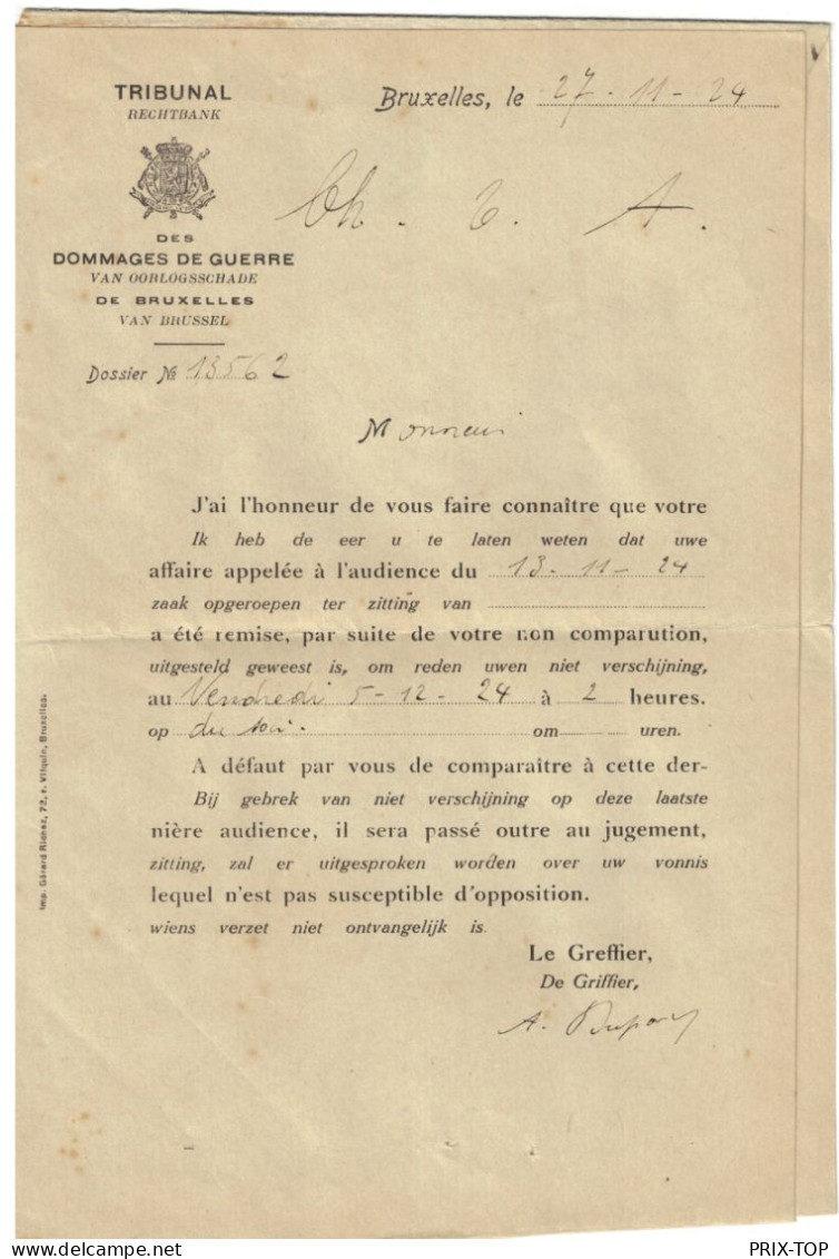 LO Recommandée Franchise Tribunal Dommages De Guerre De BXL Obl. XL 1924 > Saventhem C.d'arrivée Papillon Retour - Portofreiheit