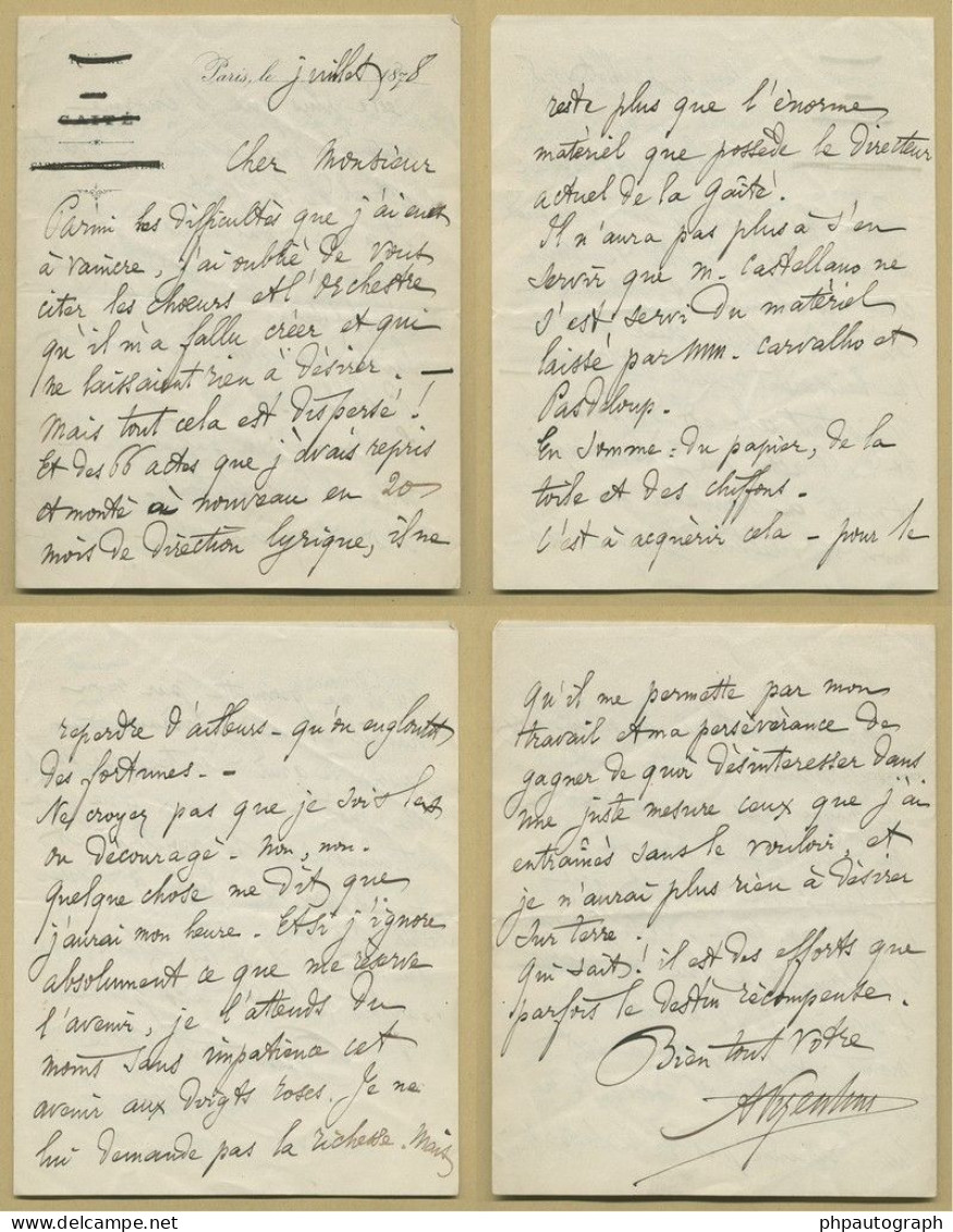 Albert Vizentini (1841-1906) - Violinist & Composer - Autograph Letter Signed - 1878 - Chanteurs & Musiciens