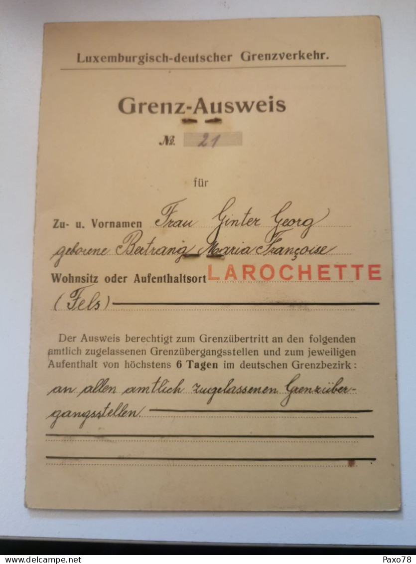 Grenz-Ausweis, Larochette 1938 - 1940-1944 Occupazione Tedesca