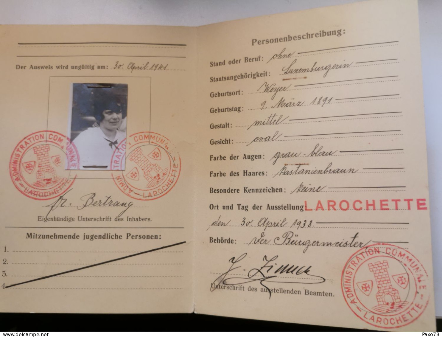 Grenz-Ausweis, Larochette 1938 - 1940-1944 German Occupation