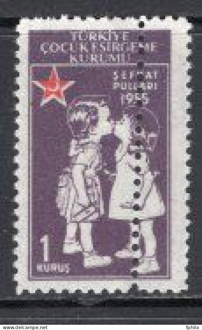 1955 TURKEY PERFORATION ERROR - 1 KURUS TURKISH SOCIETY FOR THE PROTECTION OF CHILDREN CHARITY STAMP MH * - Timbres De Bienfaisance