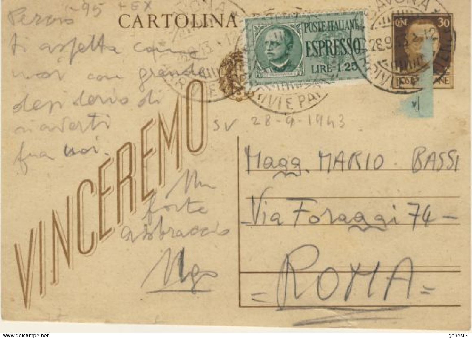 I.P. 30 C. Vinceremo Con Aggiunto Espresso L.1,25 Nei Primi Giorni Di RSI Il 28/09/1943 In Tariffa. (2 Immagini) - Stamped Stationery