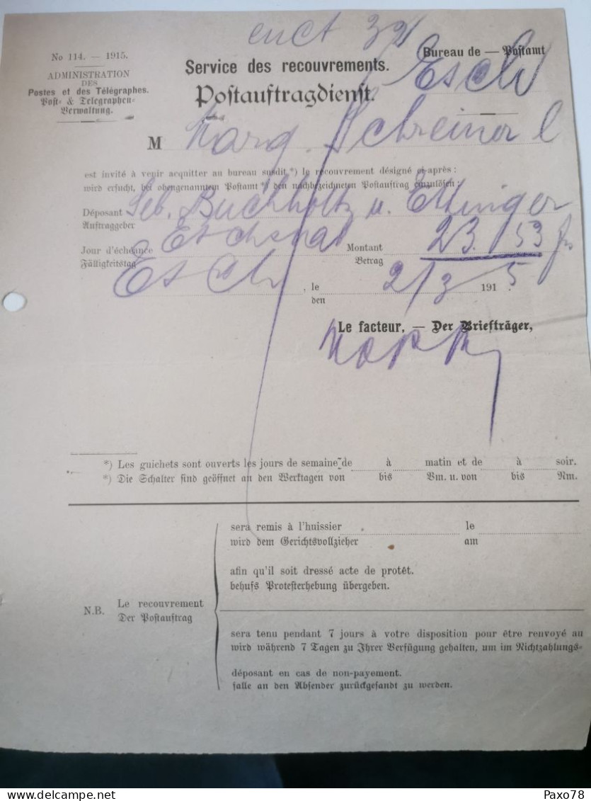 Service Des Recouvrements, Bureau Esch 1915 - Cartas & Documentos