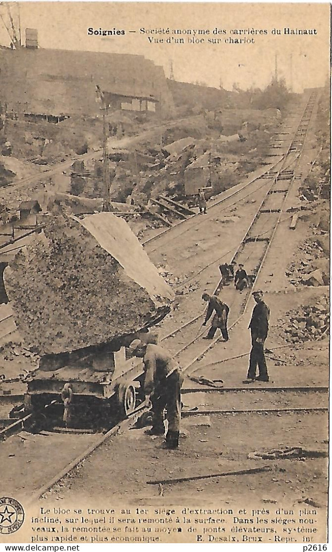 SOIGNIES -  1909 -  VUE D UN BLOC SUR CHARIOT - SOCIETE ANONYME  DES CARRIERES DU HAINAUT - Soignies