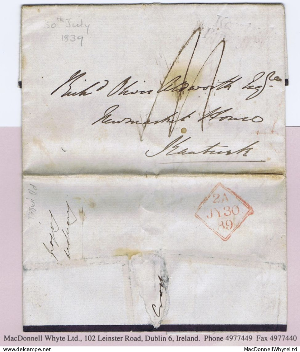 Ireland Cork 1839 Letter Dublin To Aldworth In Newmarket House With Italic "Kanturk/Penny Post" - Prefilatelia