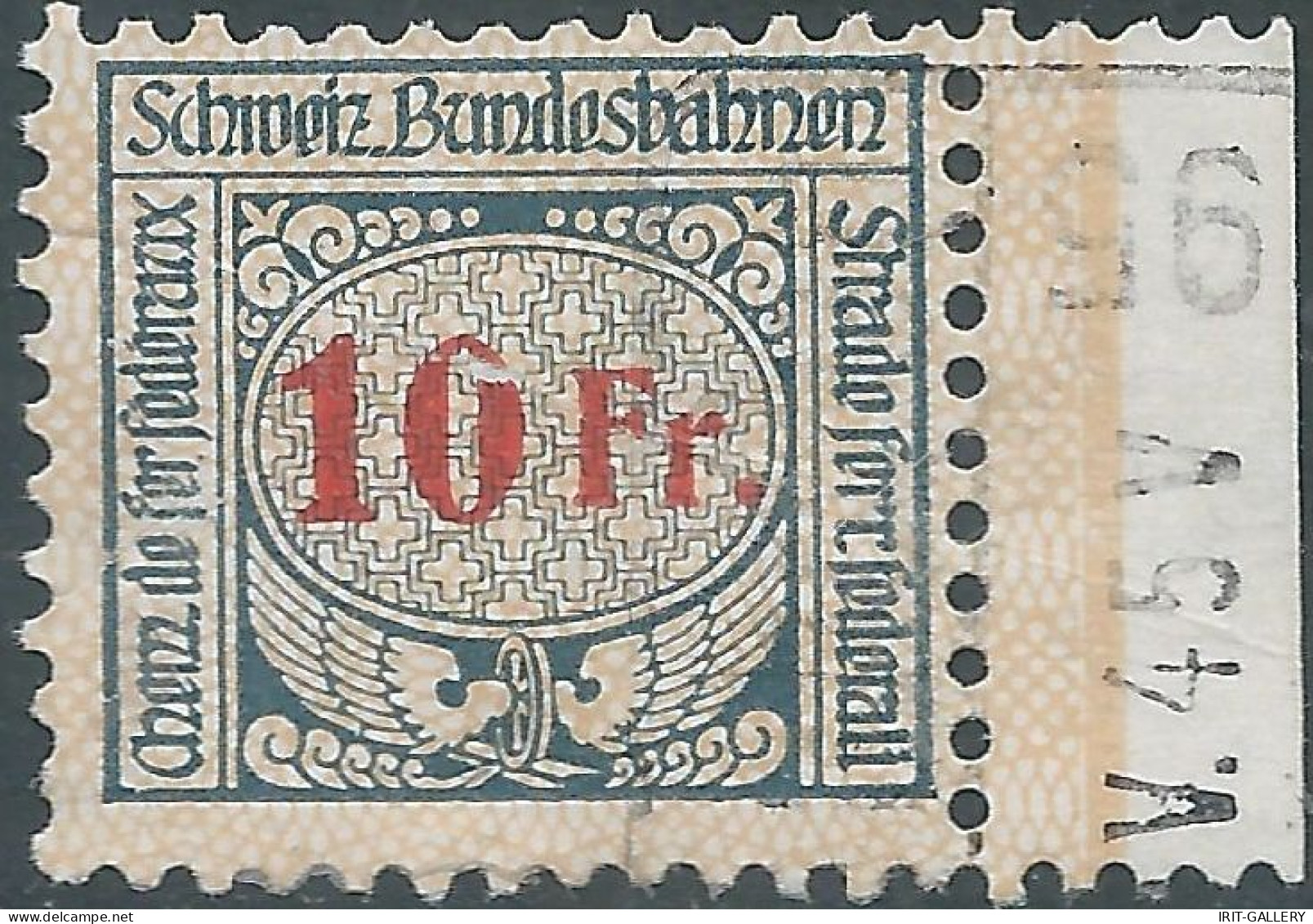Svizzera-Switzerland-Suisse,1920/25 Revenue Stamp Tax Fiscal 10fr,SCHWEIZ.BUNDESBAHNEN-SWISS.FEDERAL RAILWAYS,Defective! - Railway