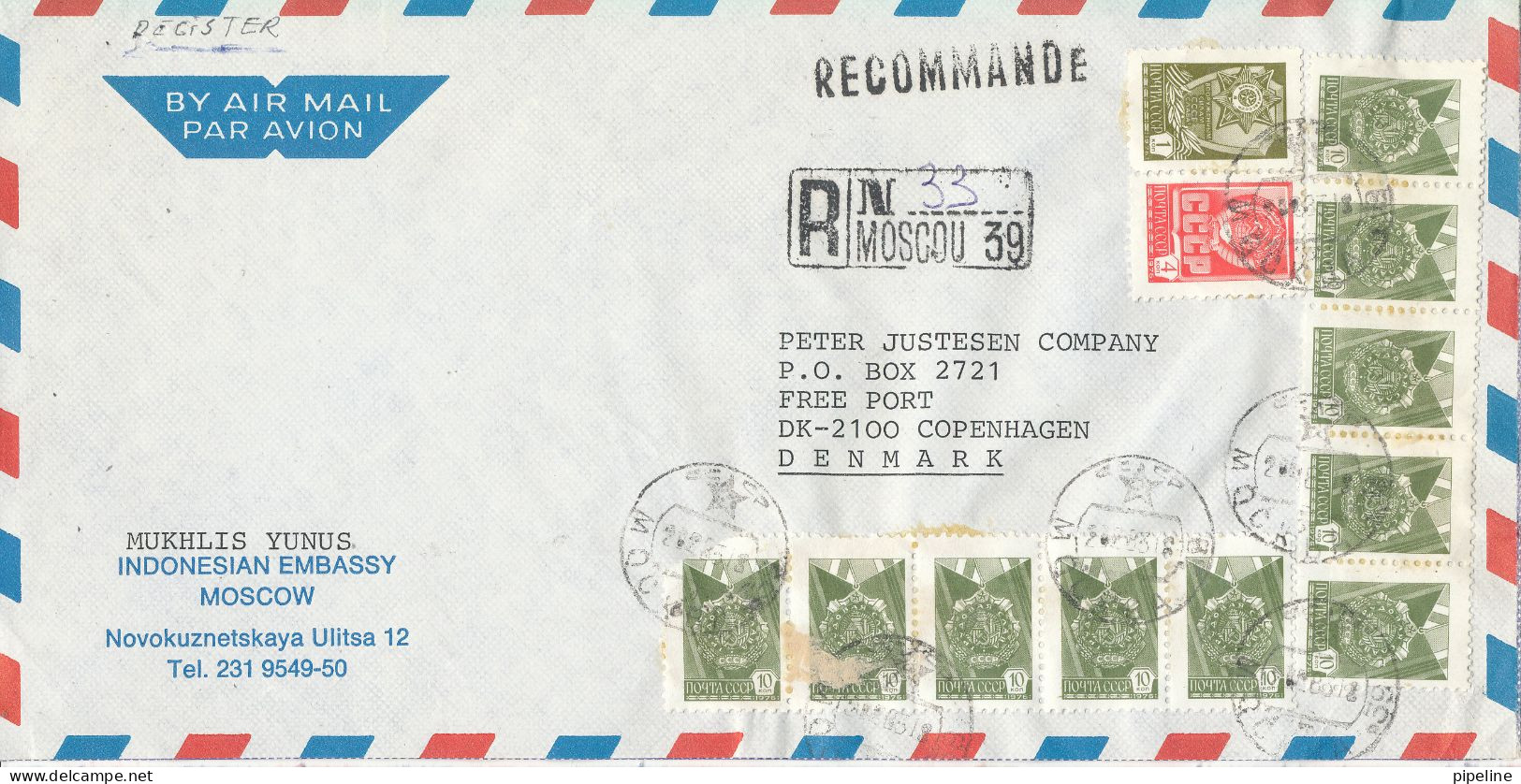 USSR Registered Air Mail Cover Sent To Denmark 2-2-1983 Topic Stamps (sent From The Embassy Of Indonesia Moscow) - Briefe U. Dokumente