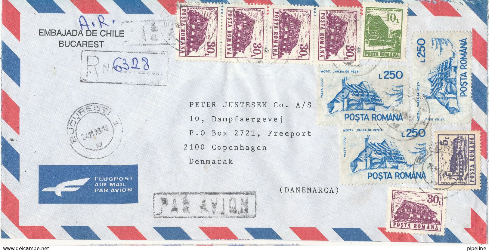 Romania Registered Air Mail Cover Sent To Denmark 24-11-1993 Topic Stamps (sent From The Embassy Of Chile Bucarest) - Storia Postale