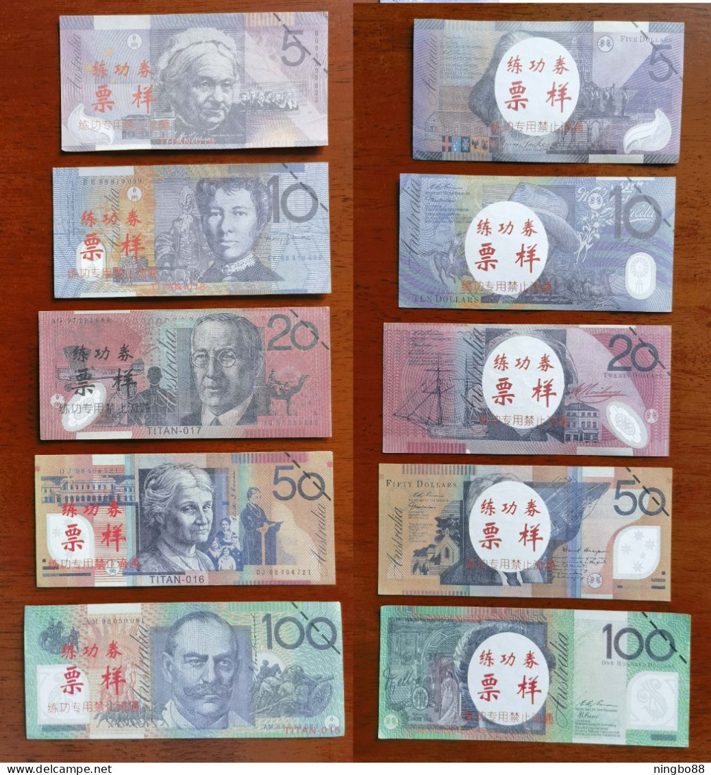 China BOC Bank (bank Of China) Training/test Banknote,AUSTRALIA Dollars D-1 Series 5 Different Note Specimen Overprint - Fakes & Specimens