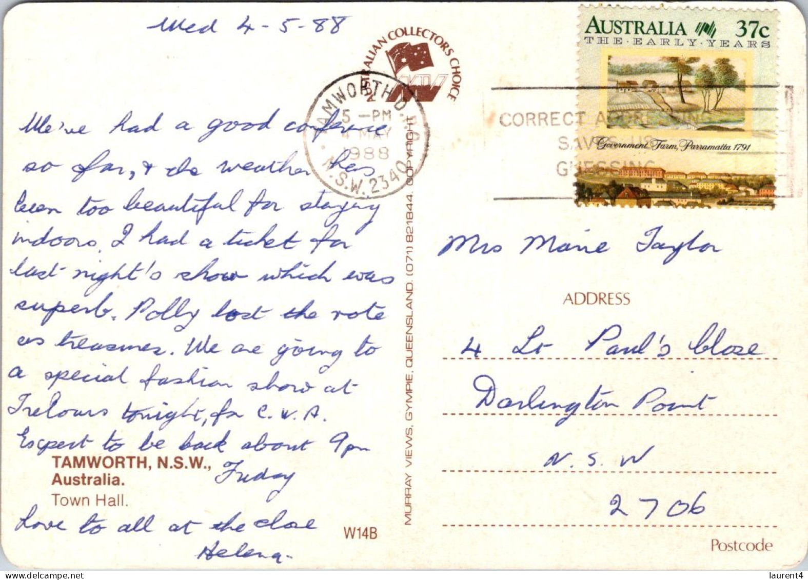 11-7-2023 (1 S 43)  Australia - Posted 1988 - NSW - Tamworth Town Hall - Tamworth