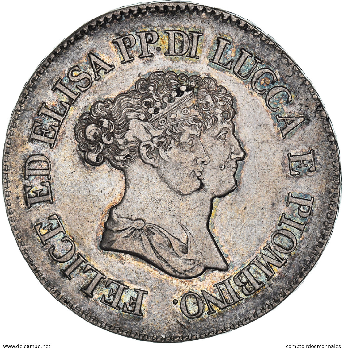 Monnaie, États Italiens, LUCCA, Felix And Elisa, 5 Franchi, 1805, Firenze - Lucca