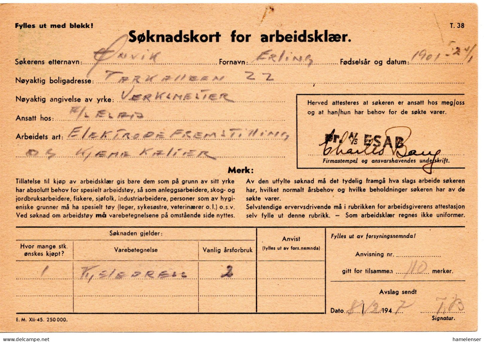 68059 - Norwegen - 1947 - 25+10o Wappen GAKte "Arbeitskleidung" Als OrtsKte LARVIK - Storia Postale