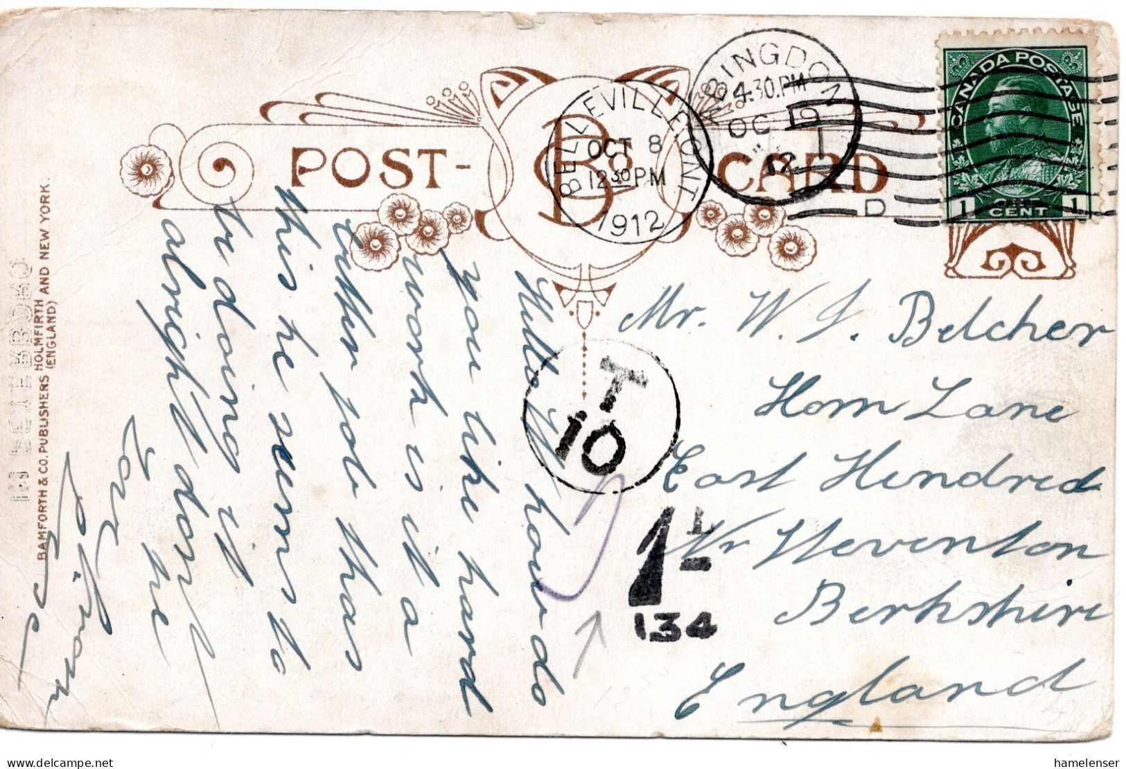 68067 - Kanada - 1912 - 1¢ KGV EF A AnsKte BELLEVILLE, ONT -> ABINGDON (Grossbritannien), M Nachporto-Stpl - Brieven En Documenten