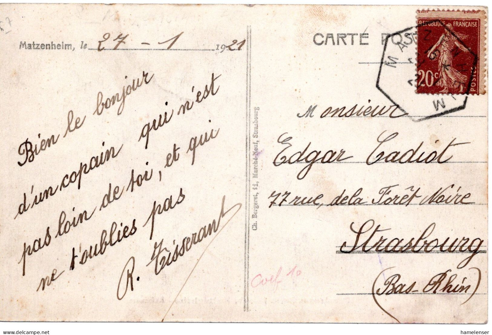 68072 - Frankreich - 1921 - 20c Säerin EF A AnsKte MATZENHEIM -> Strasbourg - 1906-38 Semeuse Camée