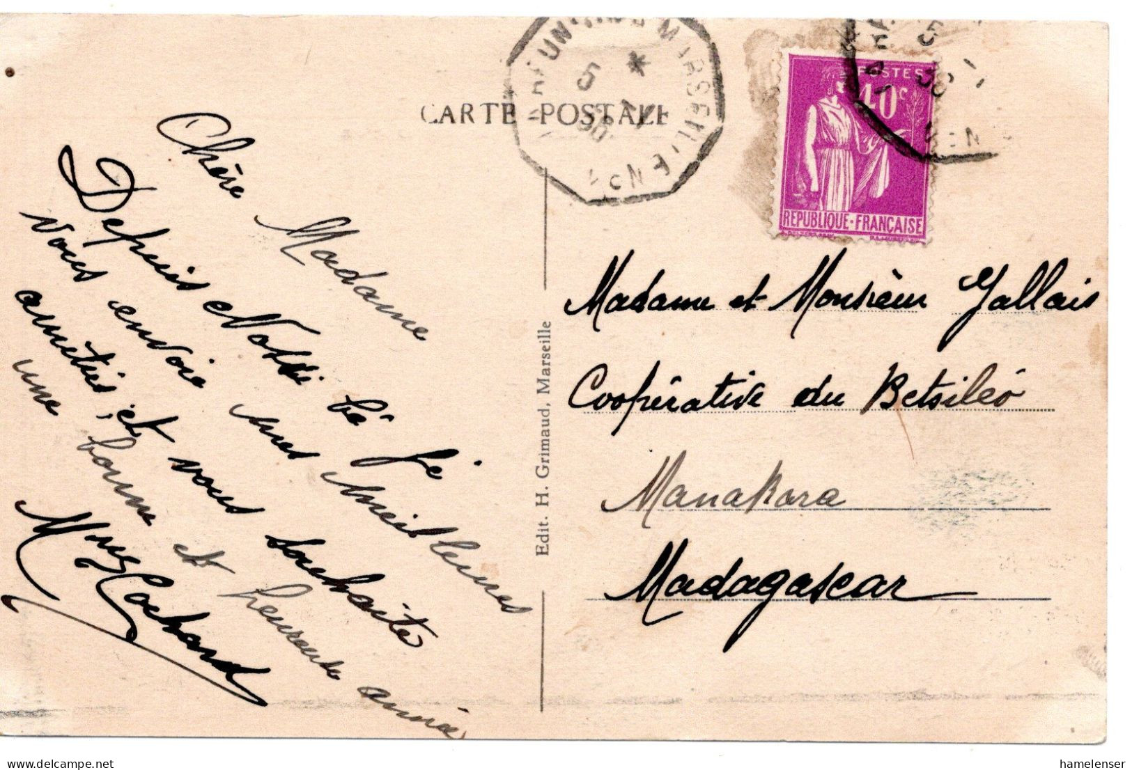 68075 - Frankreich - 1936 - 40c Frieden EF A AnsKte Schiffpoststpl LA REUNION A MARSEILLE -> Madagaskar - 1932-39 Paz