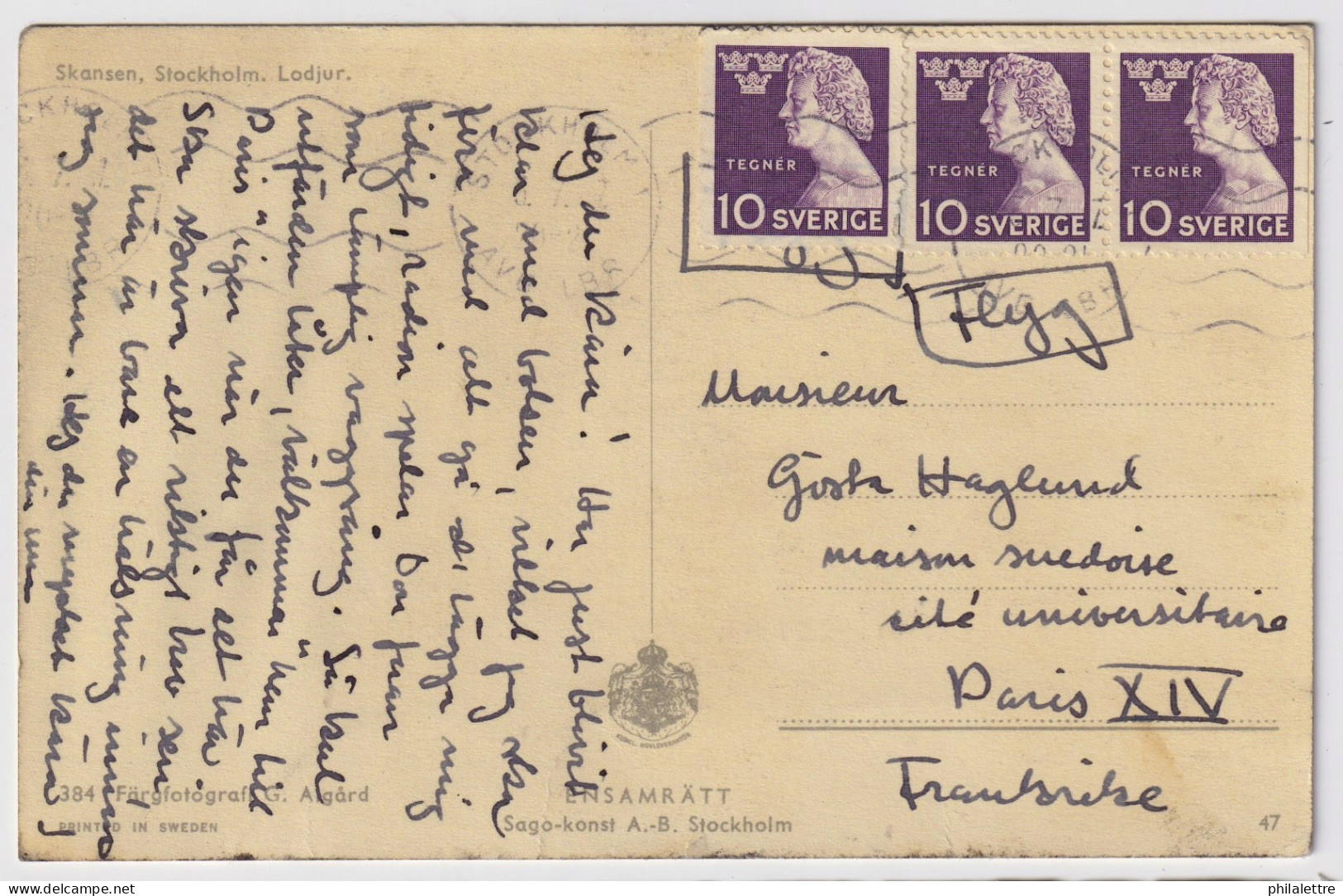 SUÈDE / SWEDEN - 1947 Facit F370B+370BB On Postcard From Stockholm To Paris - Lettres & Documents