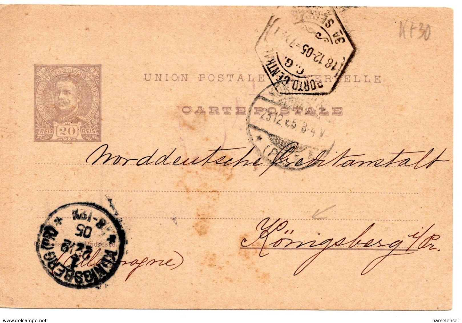 68076 - Portugal - 1905 - 20R GAKte PORTO -> KOENIGSBERG (Deutschland) - Cartas & Documentos