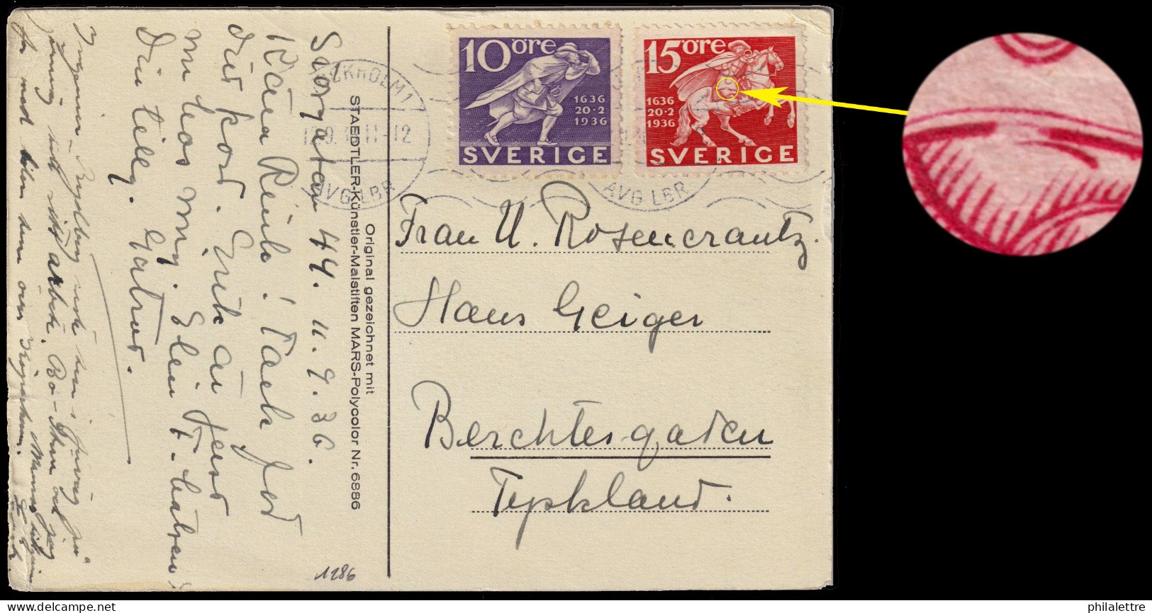 SUÈDE / SWEDEN - 1936 Facit F247C & F248CvP1 (plate Flaw) On Postcard From Stockholm To Germany - Cartas & Documentos