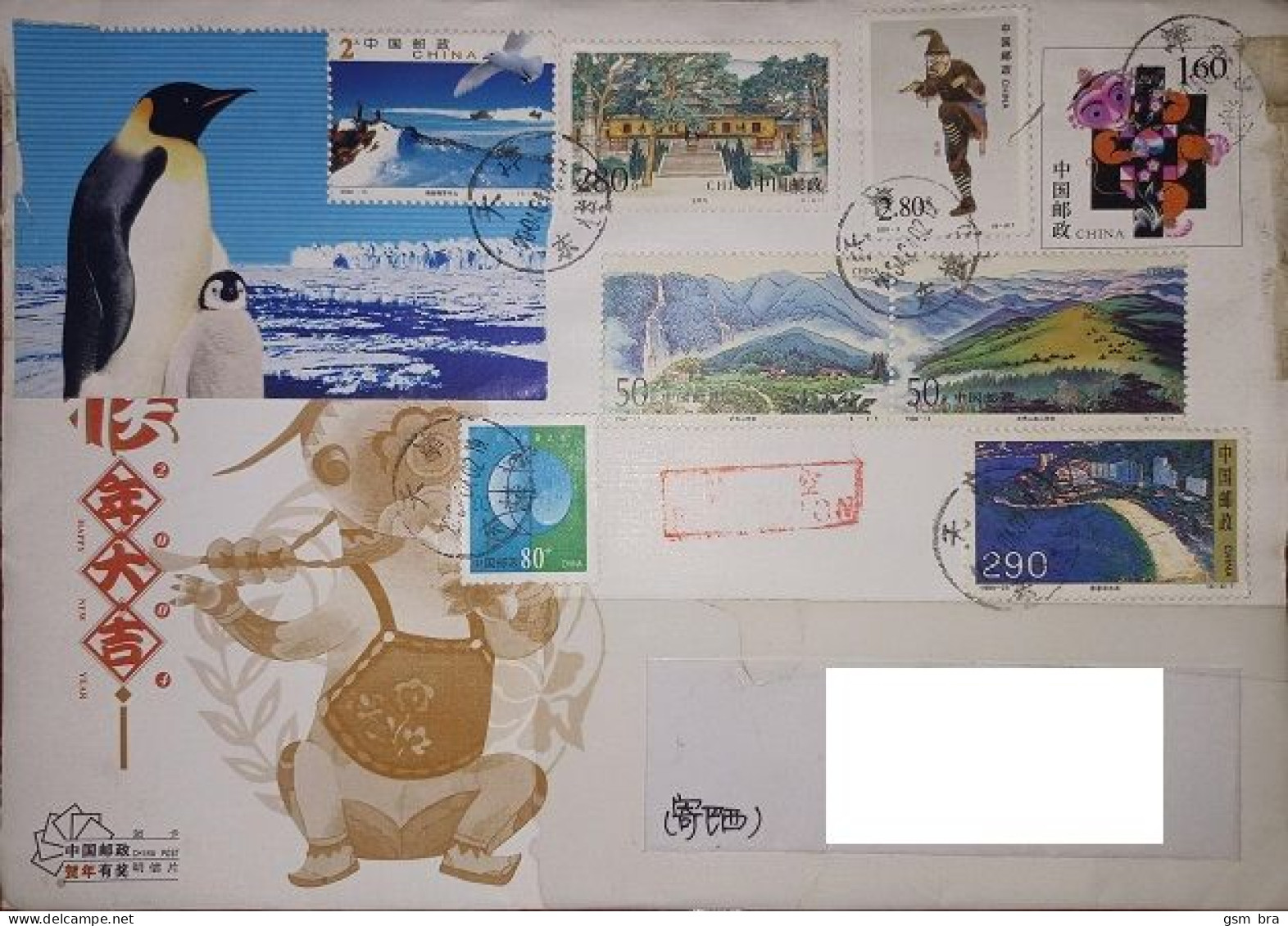 China (PR) 2004: Letter To Brazil - Year Of The Monkey, Chinese Lunar Calendar, Antarctica, Penguins, Bird, Landscapes. - Lettres & Documents