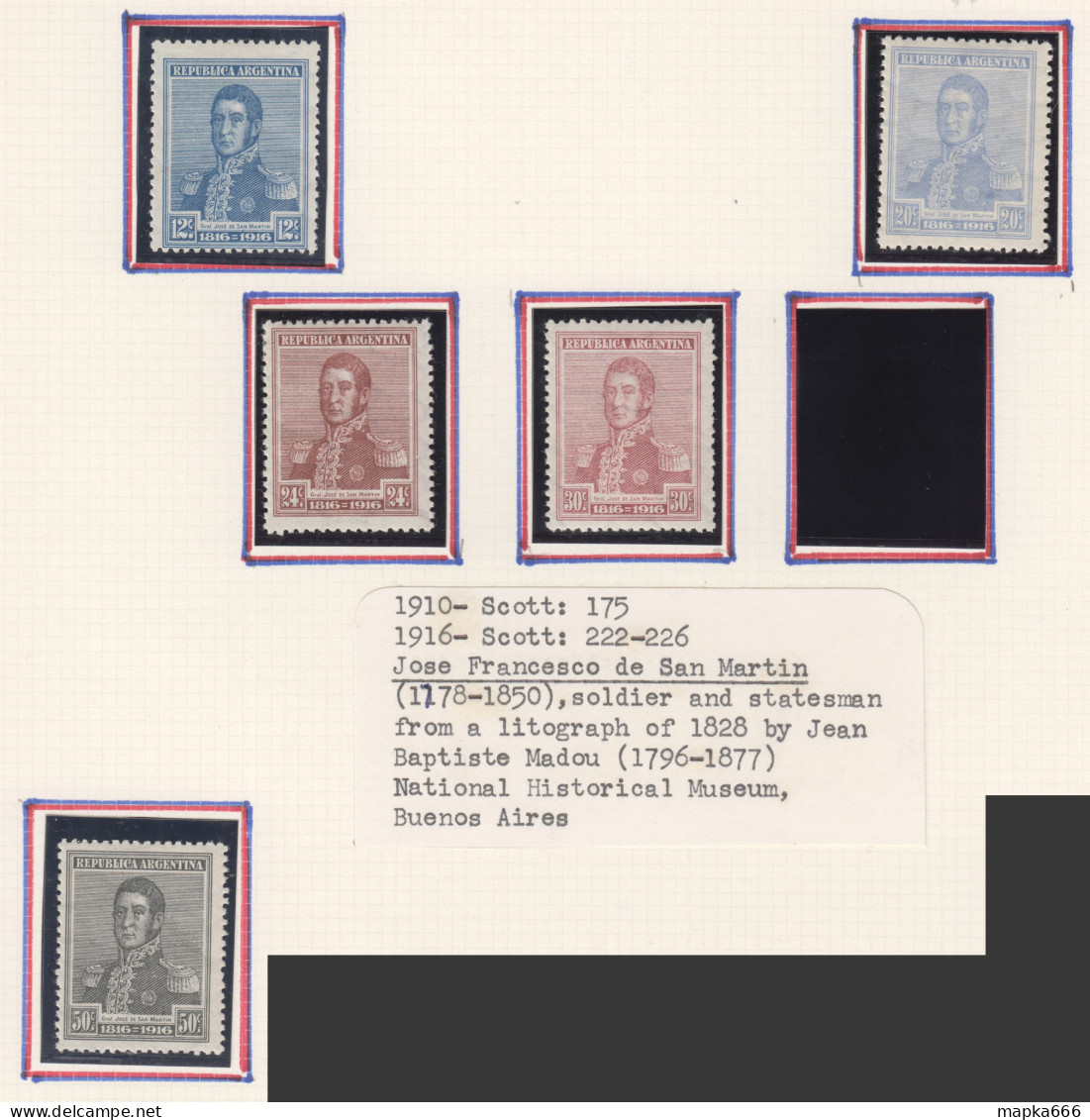 Arg002 1910 Argentina Jose De San Martin 5St Michel #130,132-5 23.3 Euro Lh - Unused Stamps