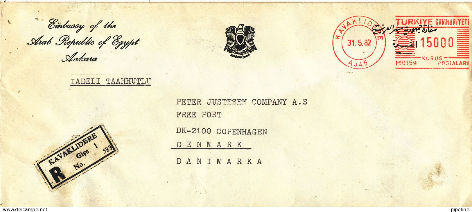 Turkey Registered Cover With Red Meter Cancel Sent To Denmark 31-5-1982 Topic Stamps (sent From The Embassy Of Egypt An - Lettres & Documents