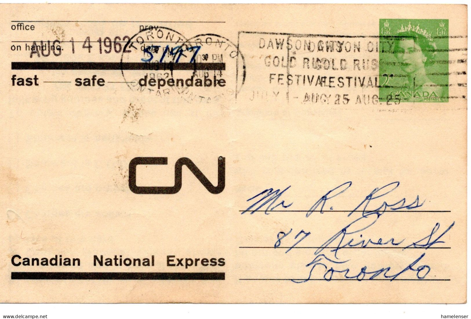 68077 - Canada - 1962 - 2¢ QEII GAKte "Canadian National Express" Als OrtsKte TORONTO - ..., Senkr Bug - Covers & Documents
