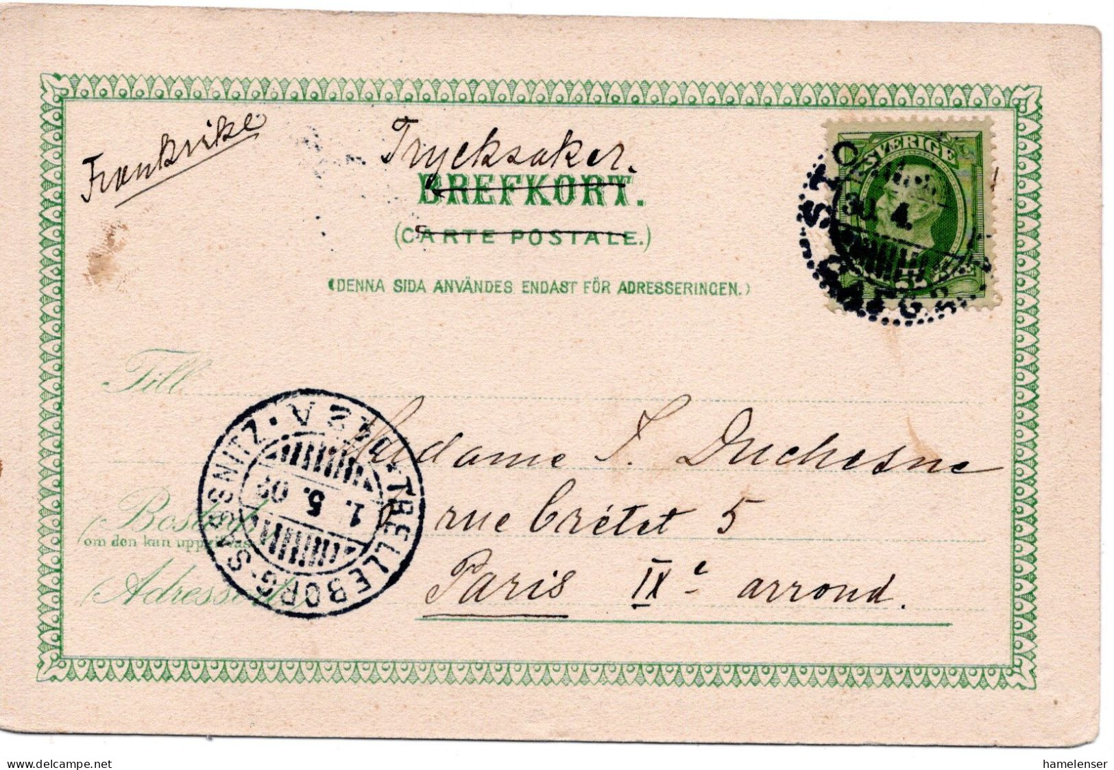 68081 - Schweden - 1903 - 5o. EF A DrucksKte STOCKHOLM -> TRELLEBORG-SASSNITZ 142A -> Frankreich - Lettres & Documents