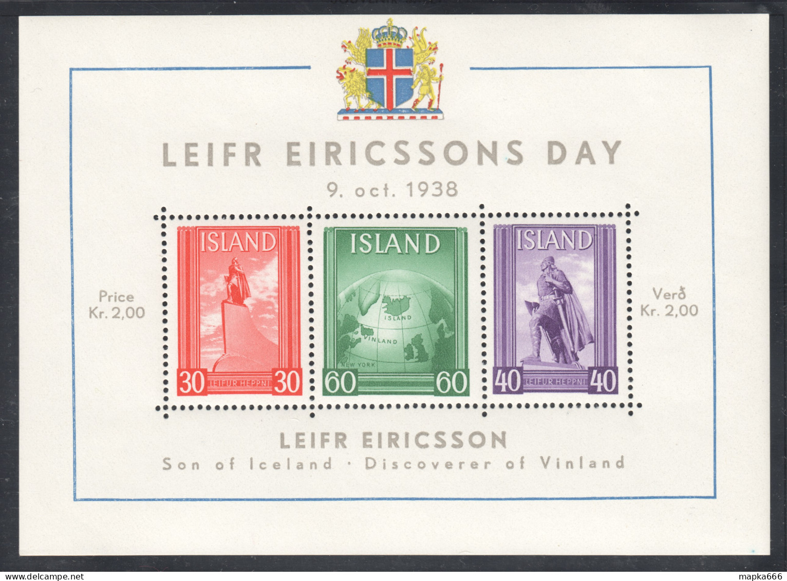 Sp670 1938 Iceland Leifr Eiricssons Day Michel Bl2 1Bl Mnh - Blocks & Sheetlets