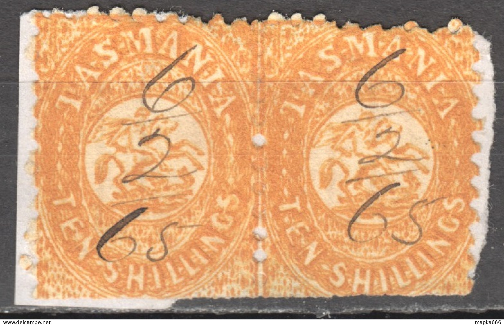 Tas204_2 1863 Australia Tasmania Perf 10 Untorn Pair Ten Shillings Fiscal Gibbons Sg #F11 360 £ 2St Used - Used Stamps