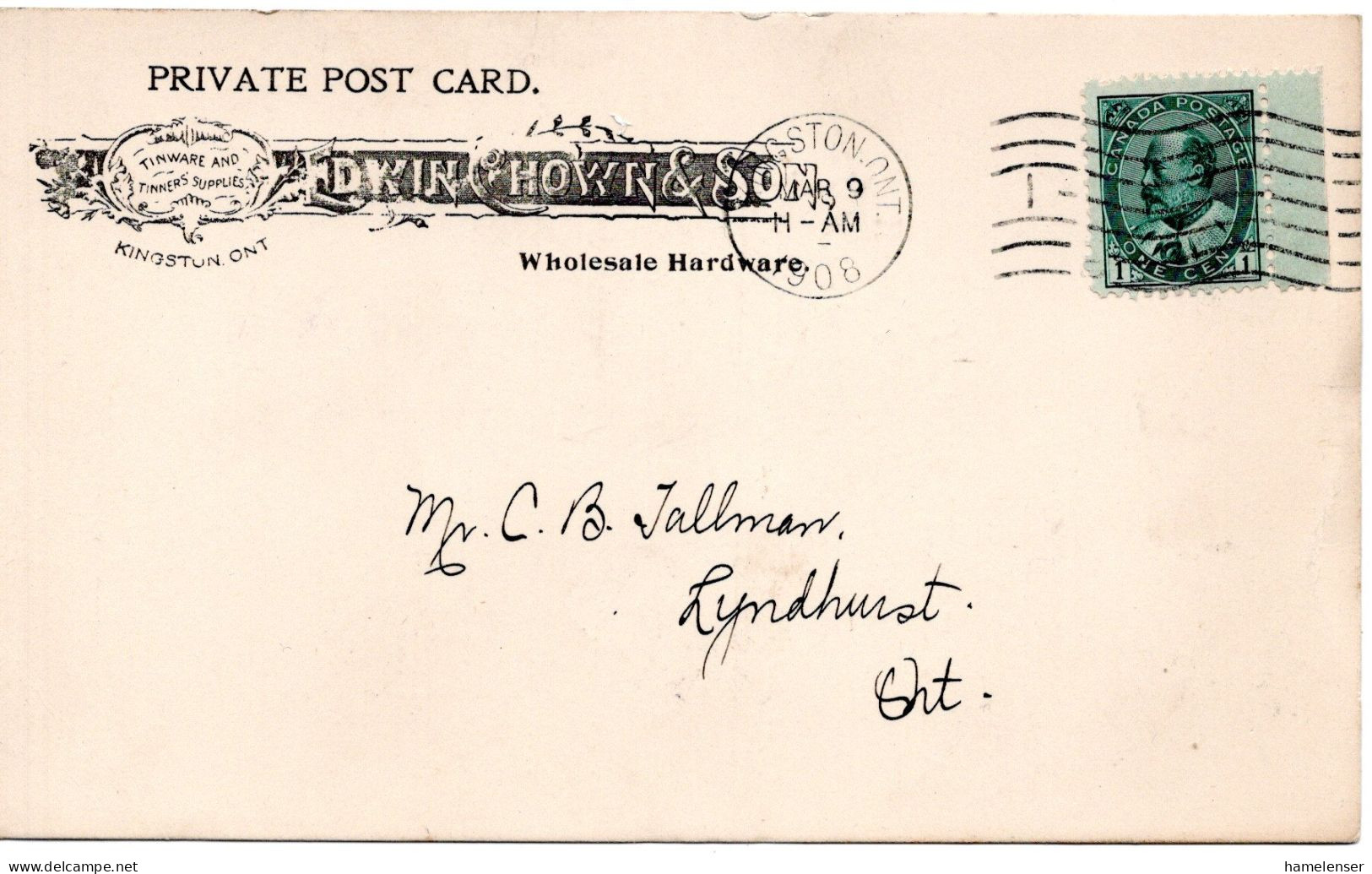 68085 - Canada - 1908 - 1¢ KEVII EF A Kte KINGSTON, ONT -> LYNDHURST ONT - Briefe U. Dokumente
